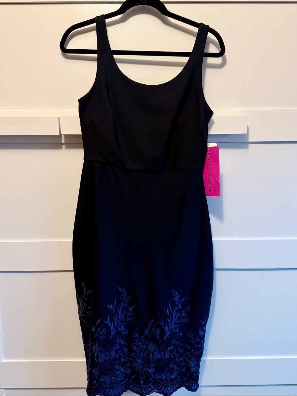 NWT Betsey Johnson Navy Bodycon Midi Dress with Blue Floral Embroidery